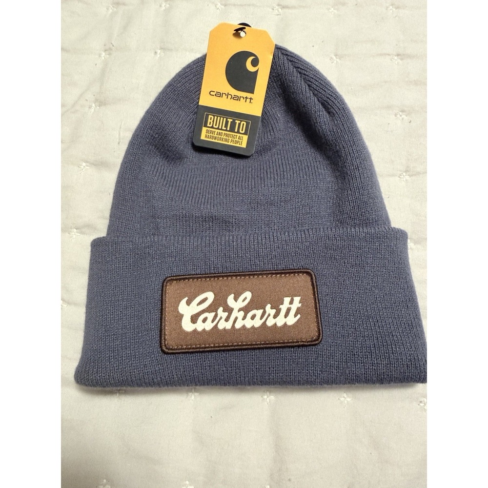 Carhartt Men Knit Cuffed Script Patch Beanie Hat OS ‎ Grey AH7007M